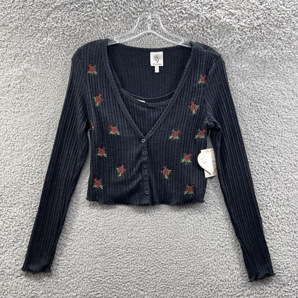 Self Esteem 2Pc Crop Top Set Juniors Small Black Ribbed Floral Long Sleeve 2Pc
